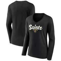 New Orleans Saints Women's Freehand Team Long Sleeve V-Neck T-Shirt Black | NFL