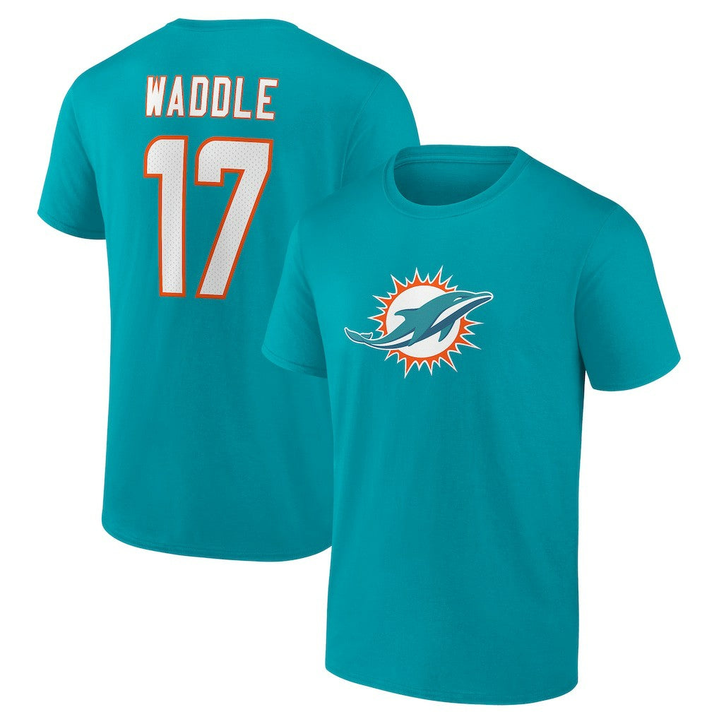 Jaylen Waddle Miami Dolphins Player Icon Name & Number T-Shirt Aqua | NFL