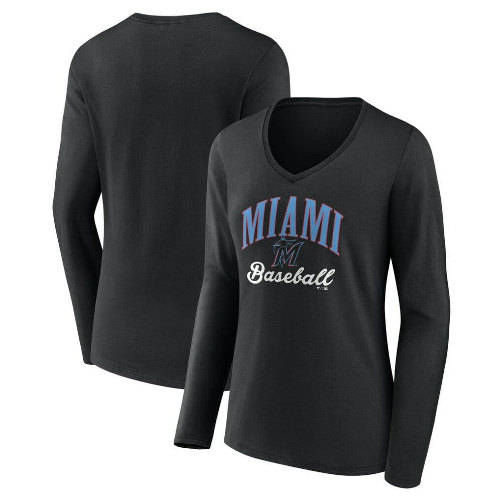 Miami Marlins Women's Victory Script Long Sleeve V-Neck T-Shirt - MLB