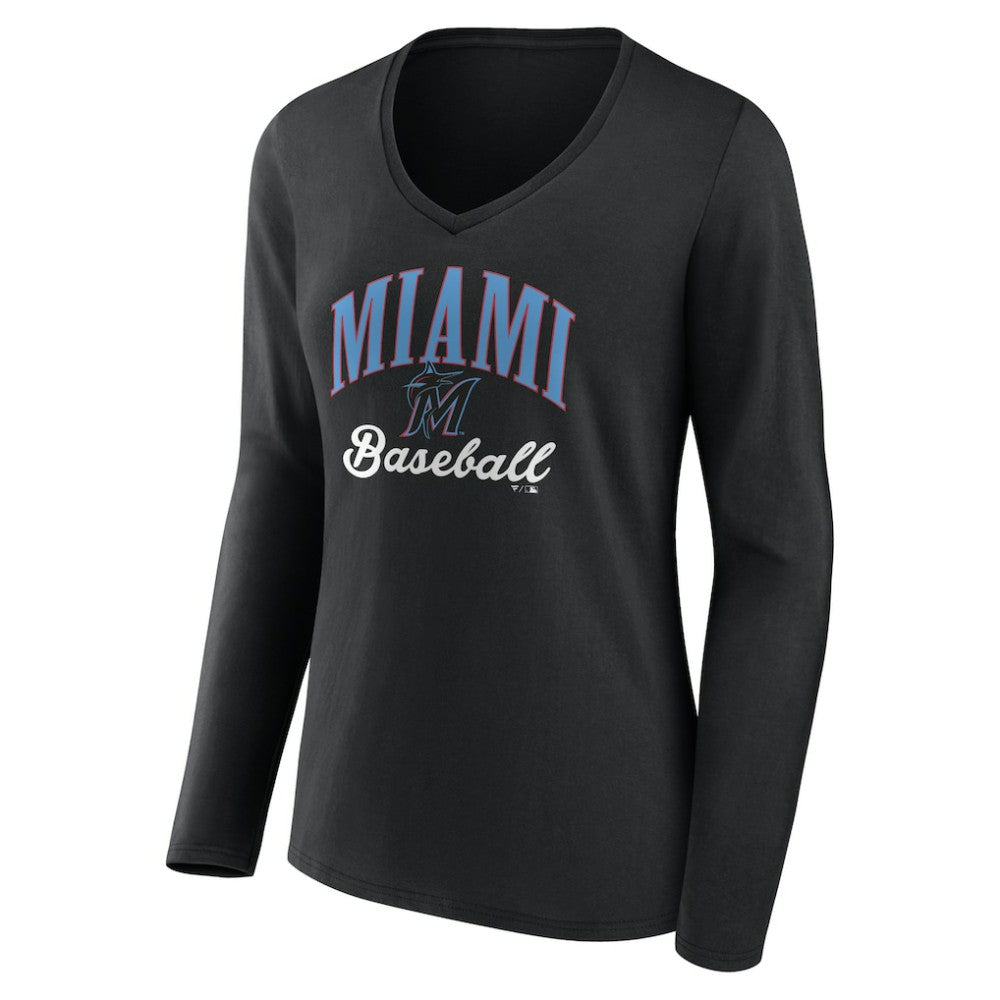 Miami Marlins Women's Victory Script Long Sleeve V-Neck T-Shirt - MLB
