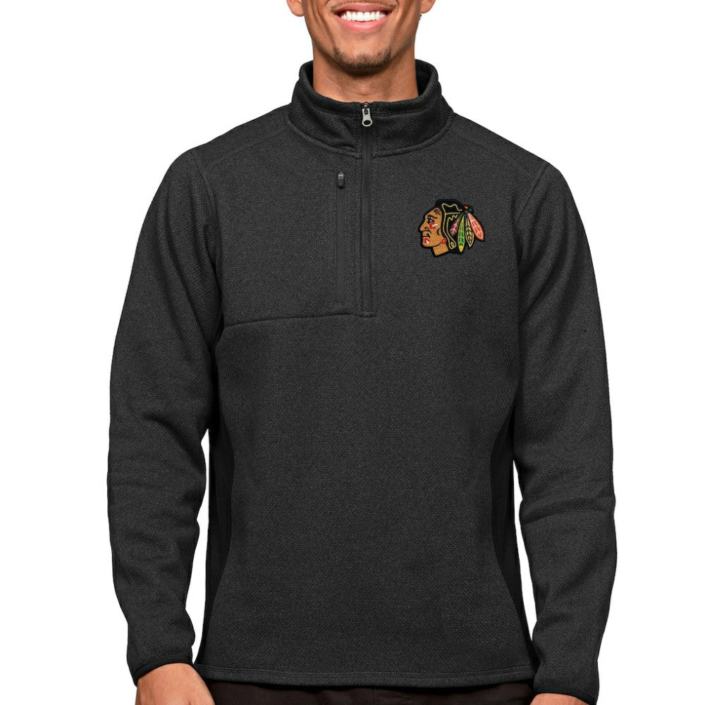Chicago Blackhawks Antigua Course Quarter-Zip Pullover Top - Heather Black - NHL