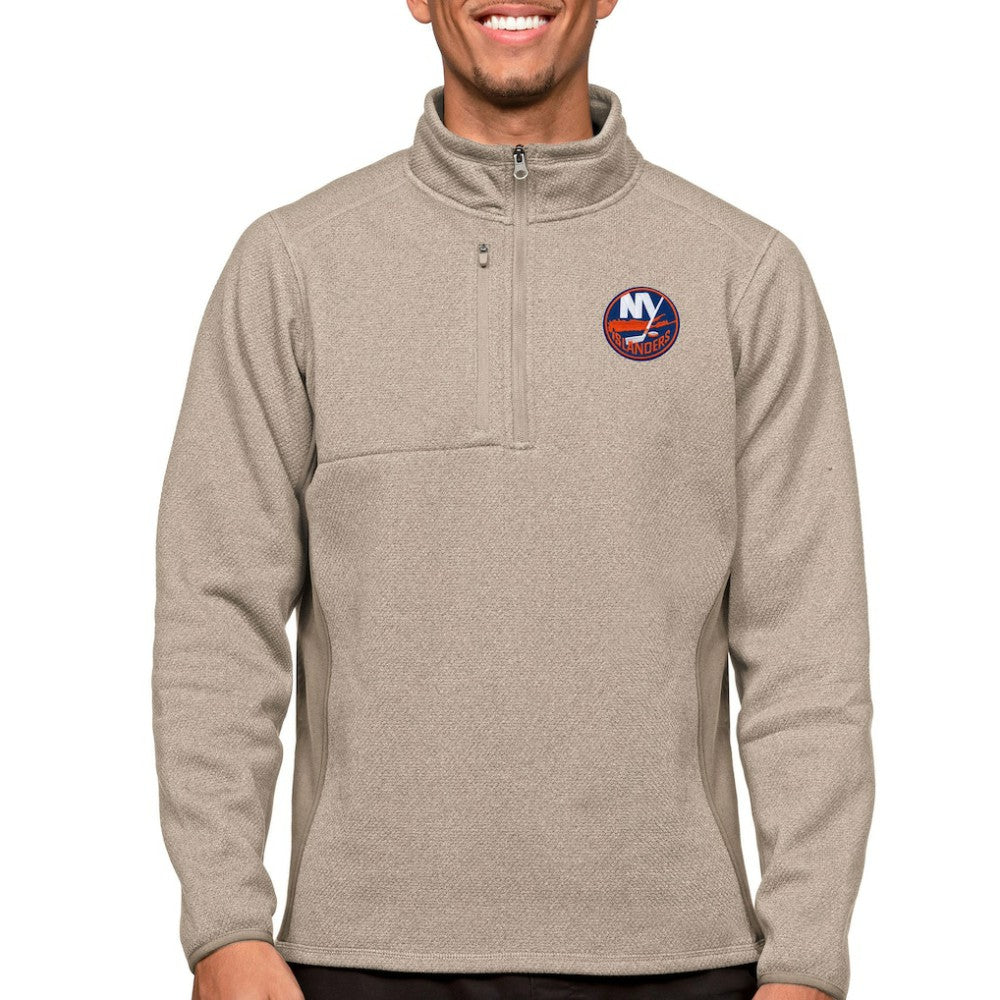 New York Islanders Antigua Course Quarter-Zip Pullover Top - Oatmeal - NHL