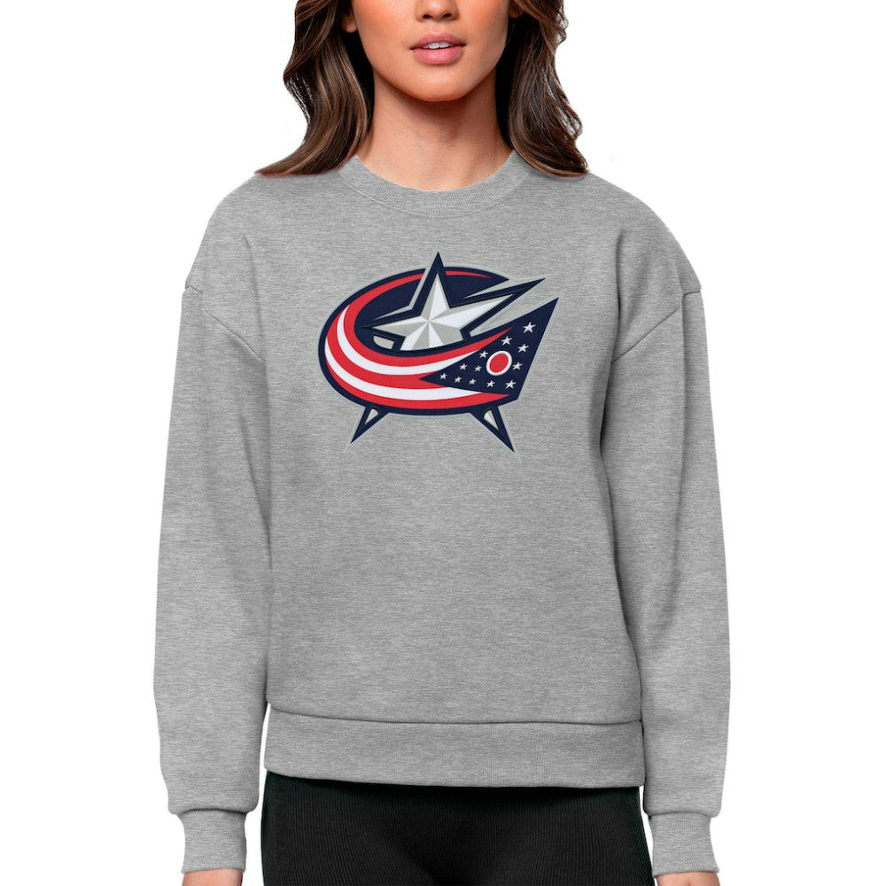 Columbus Blue Jackets Antigua Women's Team Logo Victory Crewneck Pullover Sweatshirt - Heather Gray - NHL