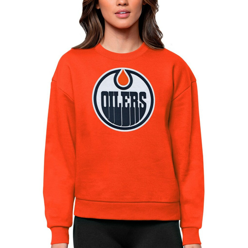 Edmonton Oilers Antigua Women's Team Logo Victory Crewneck Pullover Sweatshirt - Orange - NHL
