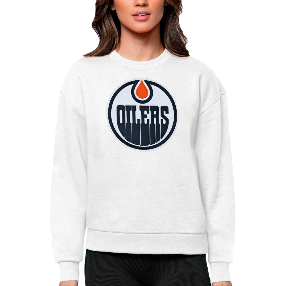 Edmonton Oilers Antigua Women's Team Logo Victory Crewneck Pullover Sweatshirt - White - NHL