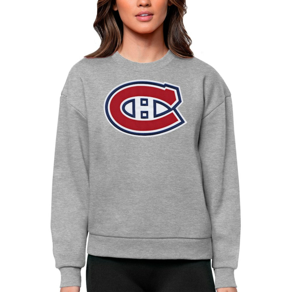 Montreal Canadiens Antigua Women's Team Logo Victory Crewneck Pullover Sweatshirt - Heather Gray - NHL