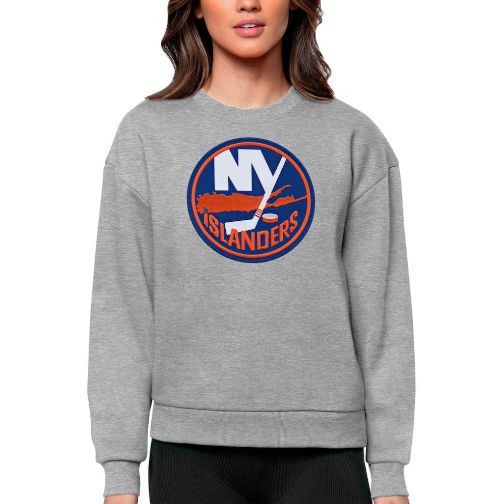 New York Islanders Antigua Women's Team Logo Victory Crewneck Pullover Sweatshirt - Heather Gray - NHL