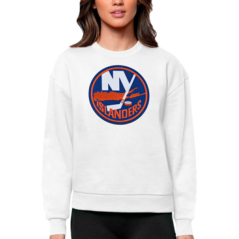 New York Islanders Antigua Women's Team Logo Victory Crewneck Pullover Sweatshirt - White - NHL
