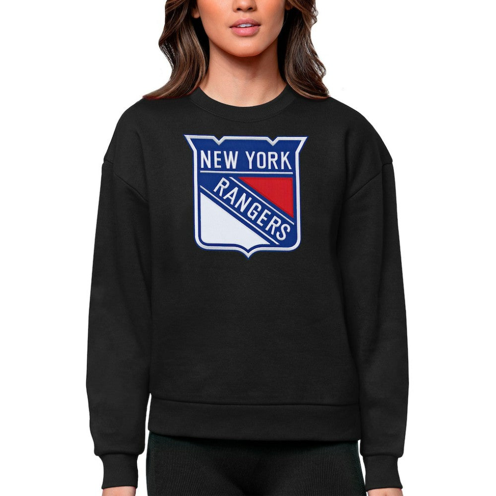 New York Rangers Antigua Women's Team Logo Victory Crewneck Pullover Sweatshirt - Black - NHL