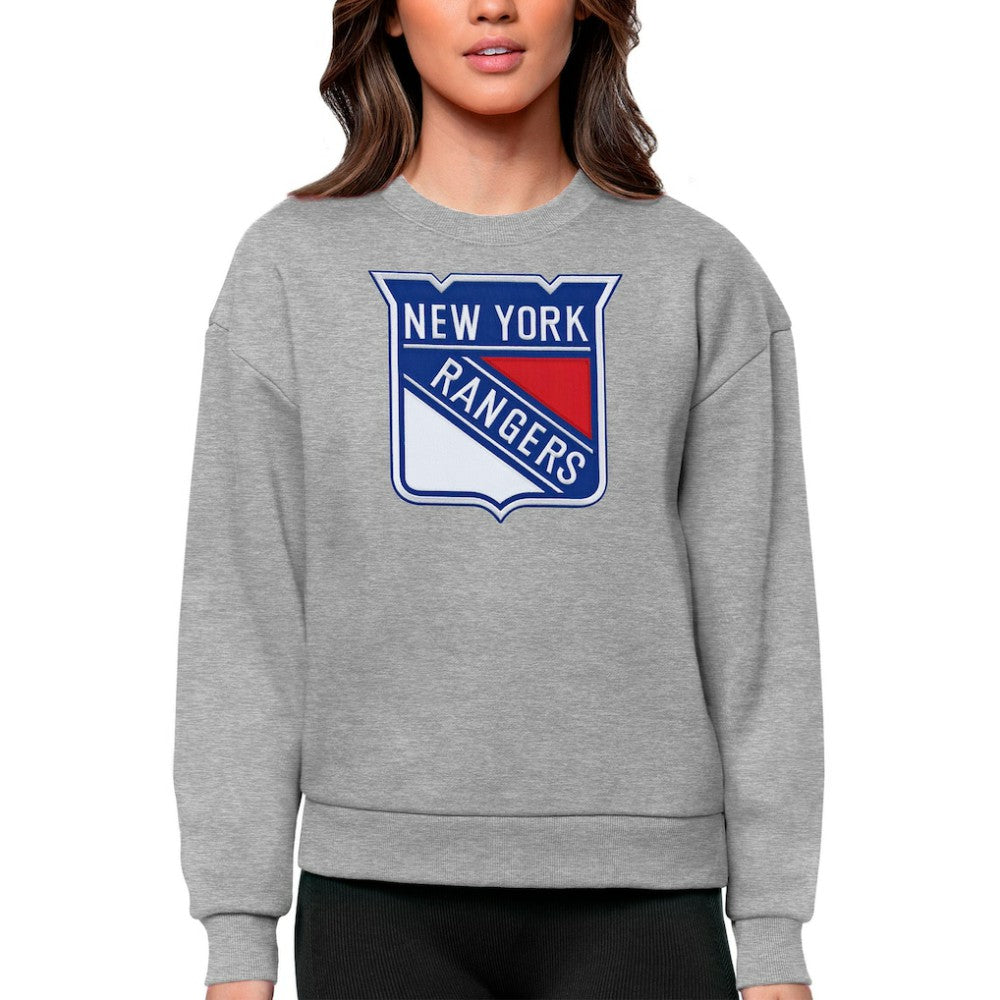 New York Rangers Antigua Women's Team Logo Victory Crewneck Pullover Sweatshirt - Heather Gray - NHL