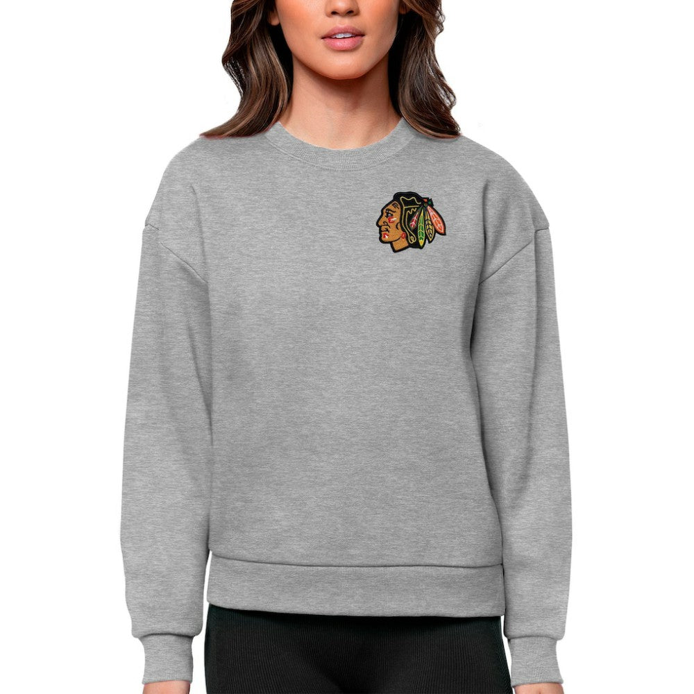 Chicago Blackhawks Antigua Women's Victory Crewneck Pullover Sweatshirt - Heather Gray - NHL
