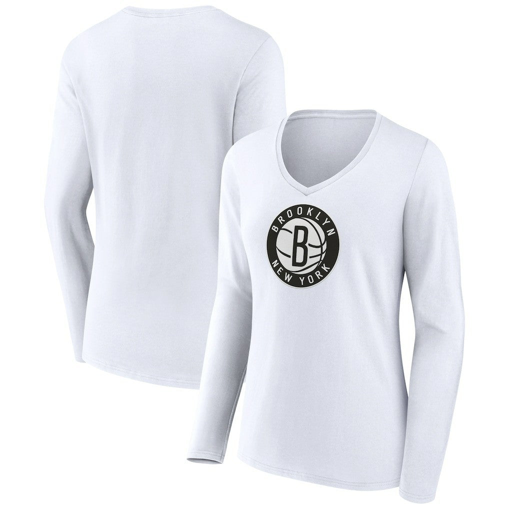 Brooklyn Nets Women's Logo Long Sleeve V-Neck T-Shirt White - NBA