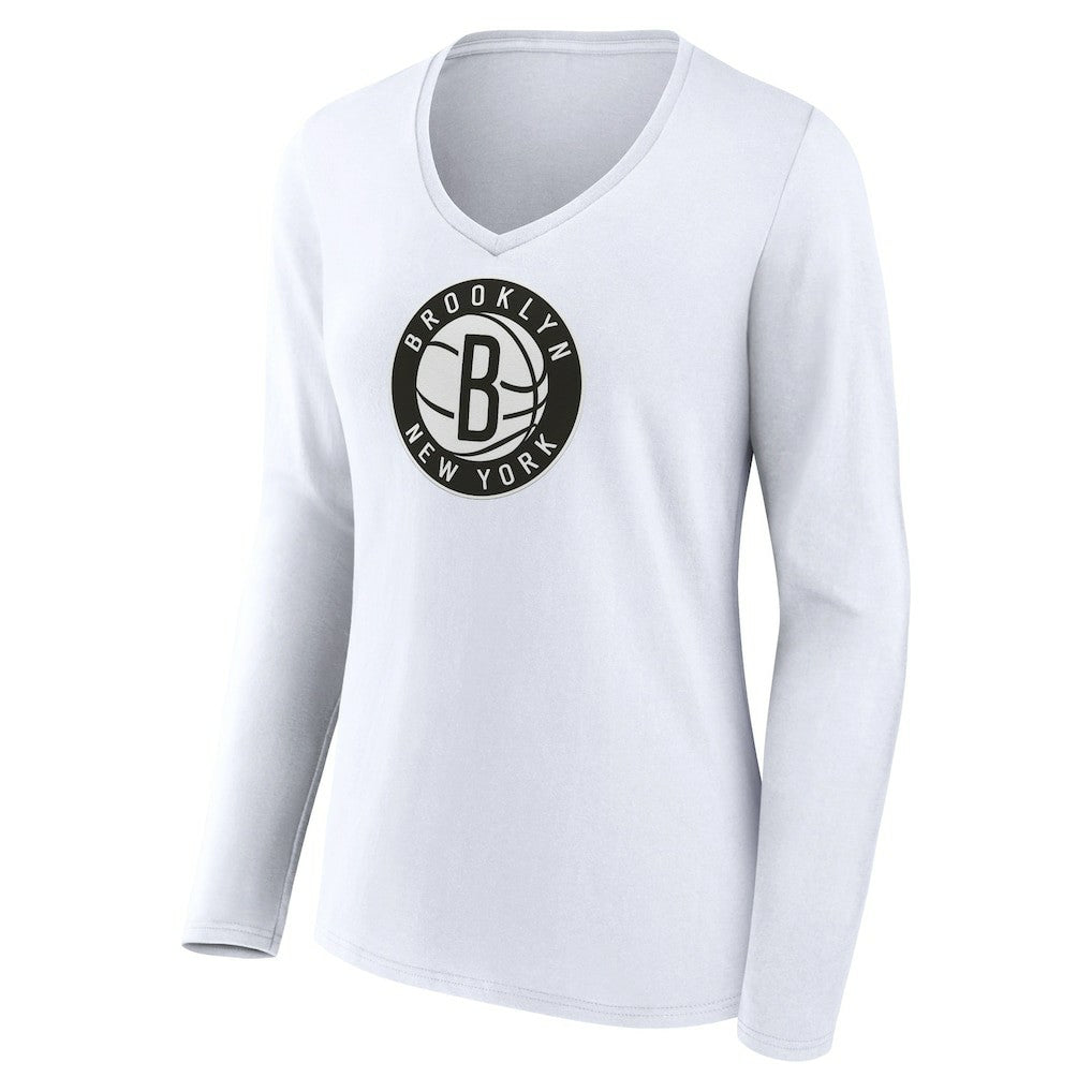 Brooklyn Nets Women's Logo Long Sleeve V-Neck T-Shirt White - NBA