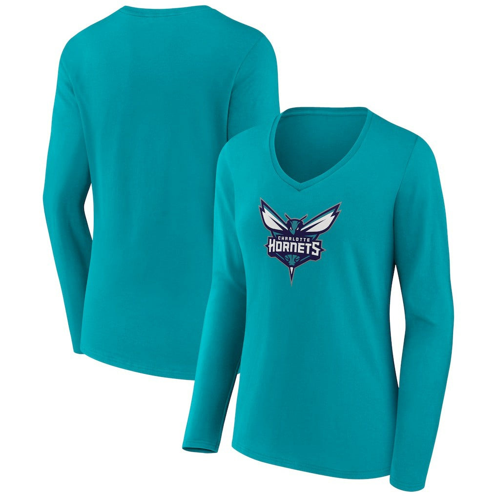 Charlotte Hornets Women's Logo Long Sleeve V-Neck T-Shirt Aqua - NBA