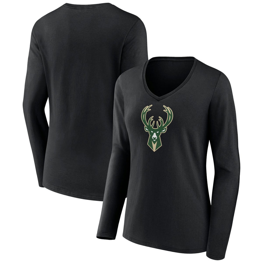 Milwaukee Bucks Women's Logo Long Sleeve V-Neck T-Shirt Black - NBA