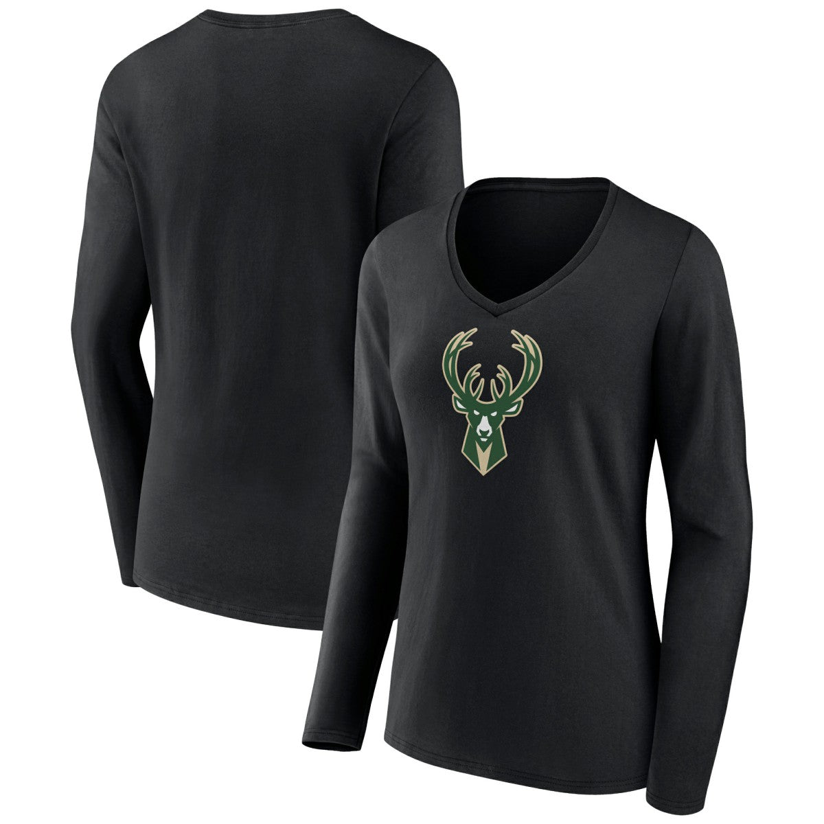 Milwaukee Bucks Women's Logo Long Sleeve V-Neck T-Shirt Black - NBA