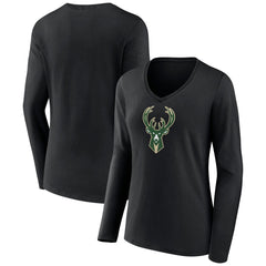 Milwaukee Bucks Women's Logo Long Sleeve V-Neck T-Shirt Black - NBA