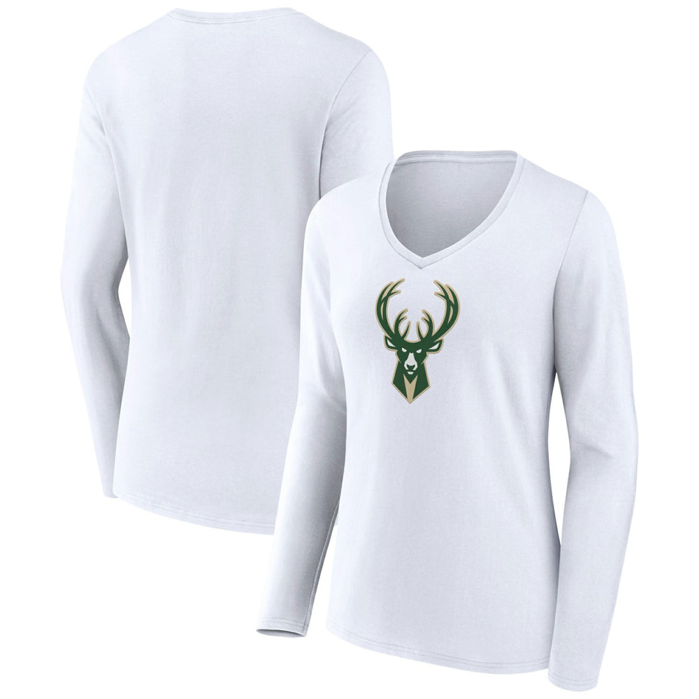 Milwaukee Bucks Women's Logo Long Sleeve V-Neck T-Shirt White - NBA