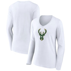 Milwaukee Bucks Women's Logo Long Sleeve V-Neck T-Shirt White - NBA