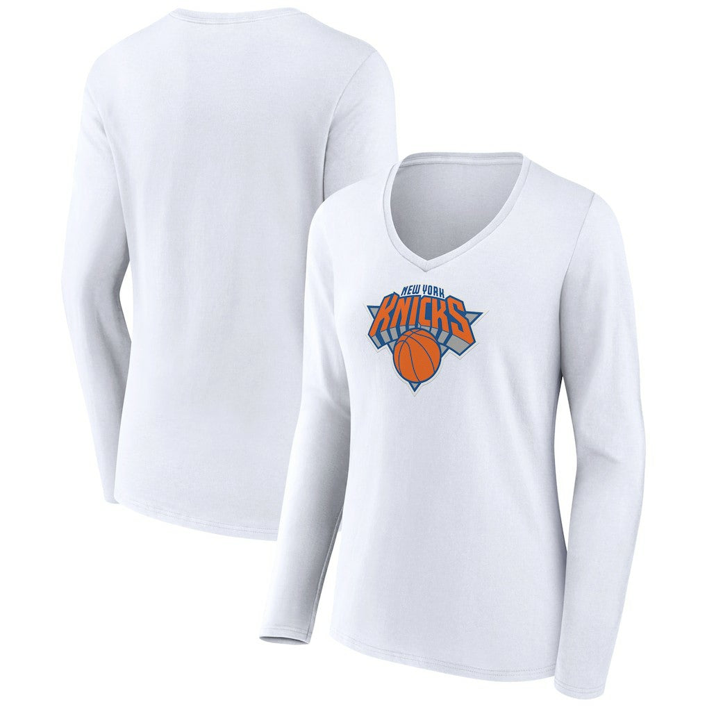 New York Knicks Women's Logo Long Sleeve V-Neck T-Shirt White - NBA