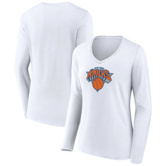 New York Knicks Women's Logo Long Sleeve V-Neck T-Shirt White - NBA