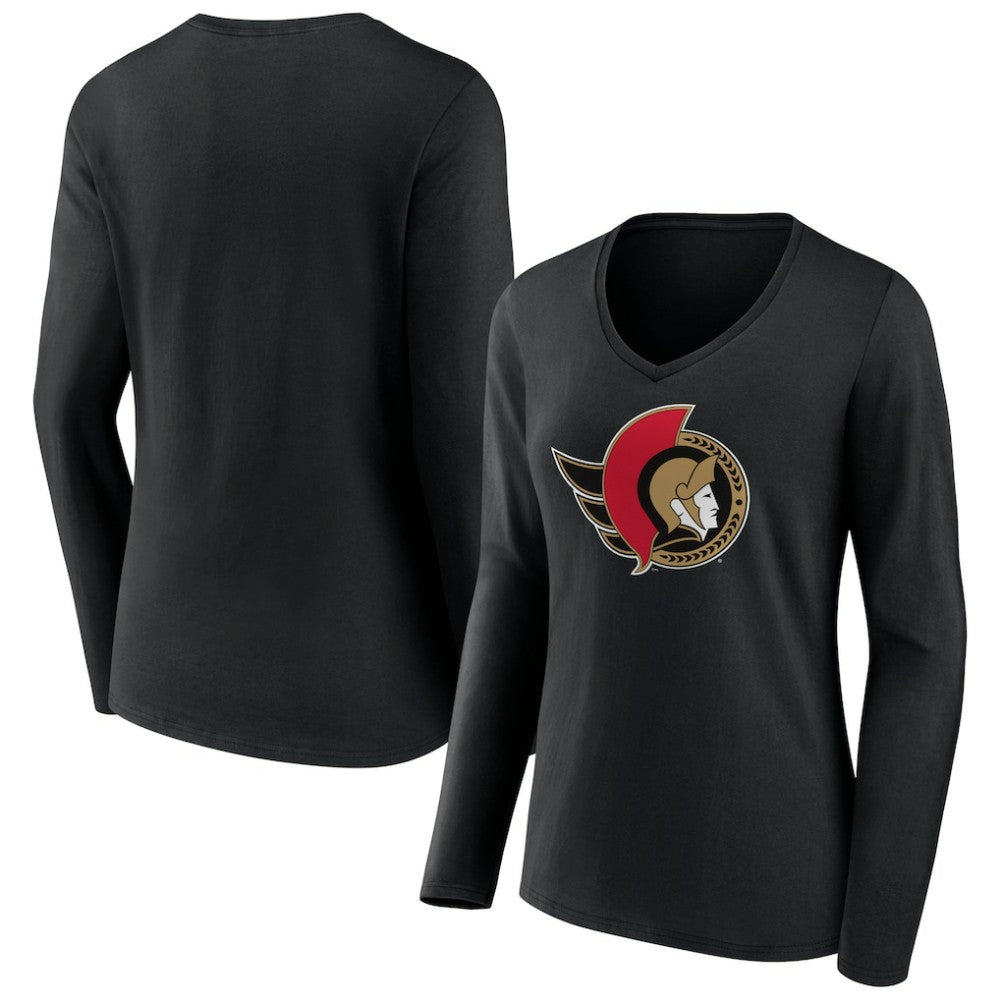 Ottawa Senators Women's Team Logo Long Sleeve V-Neck T-Shirt - Black - NHL