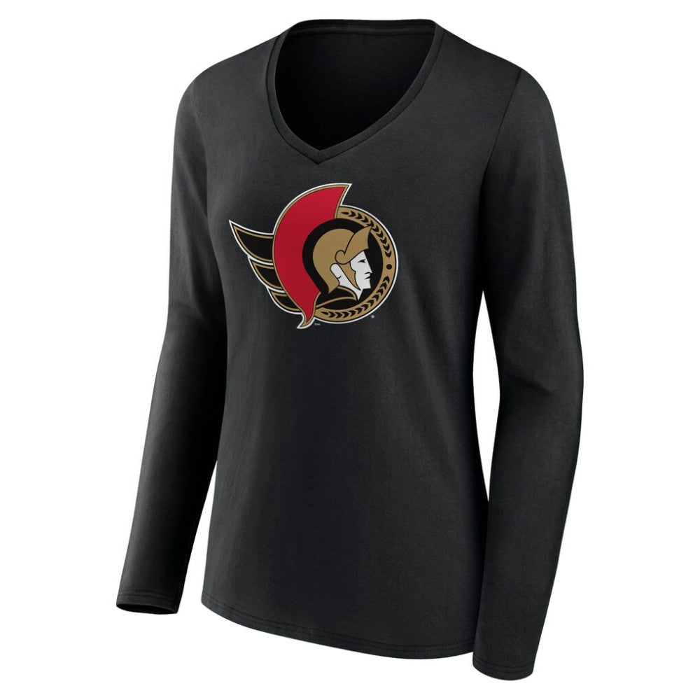 Ottawa Senators Women's Team Logo Long Sleeve V-Neck T-Shirt - Black - NHL