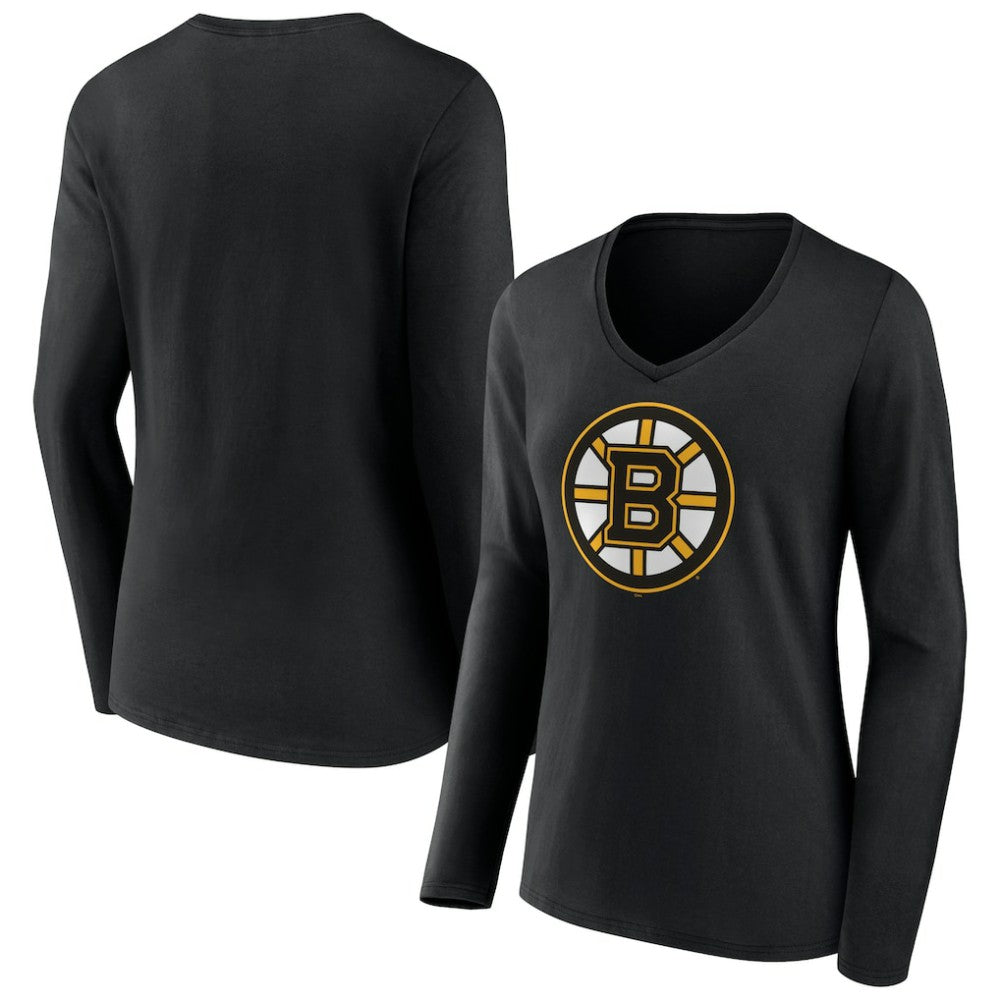 Boston Bruins Women's Team Logo Long Sleeve V-Neck T-Shirt - Black - NHL