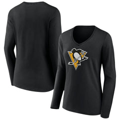 Pittsburgh Penguins Women's Team Logo Long Sleeve V-Neck T-Shirt - Black - NHL