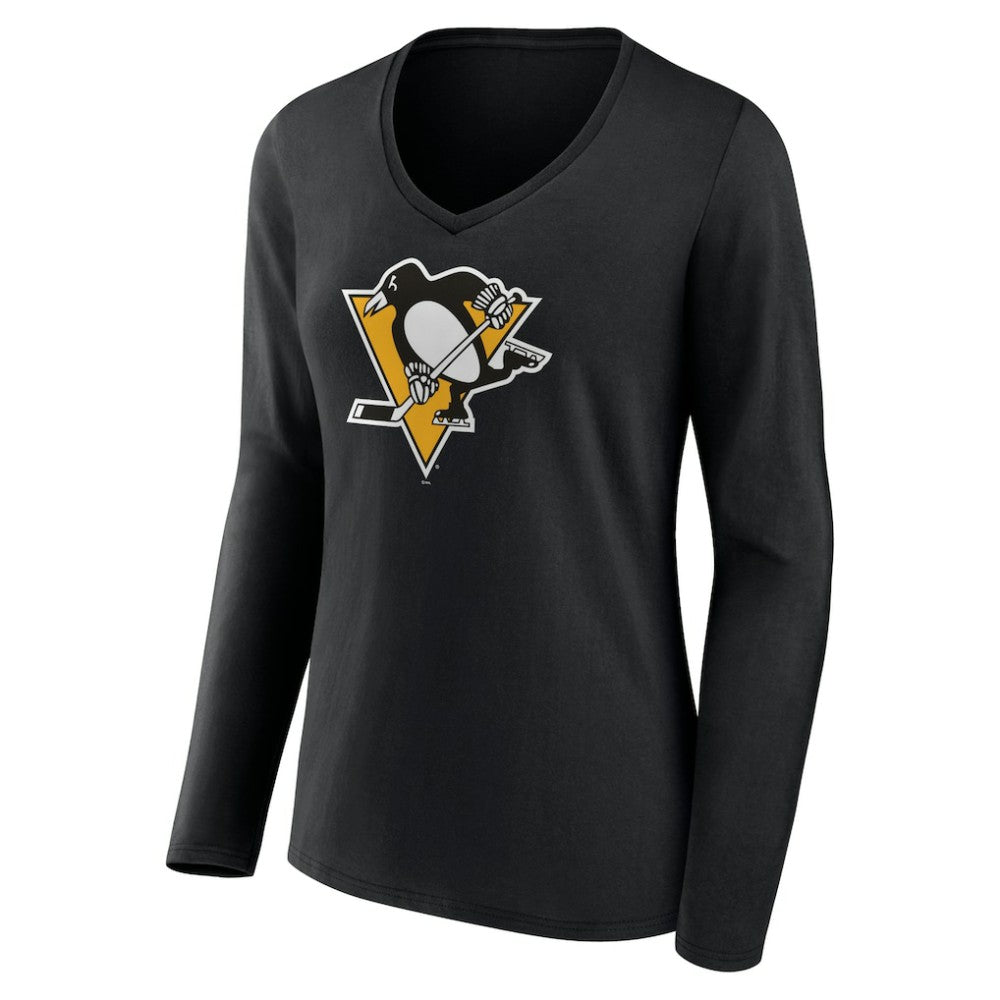 Pittsburgh Penguins Women's Team Logo Long Sleeve V-Neck T-Shirt - Black - NHL