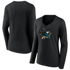 San Jose Sharks Women's Team Logo Long Sleeve V-Neck T-Shirt - Black - NHL