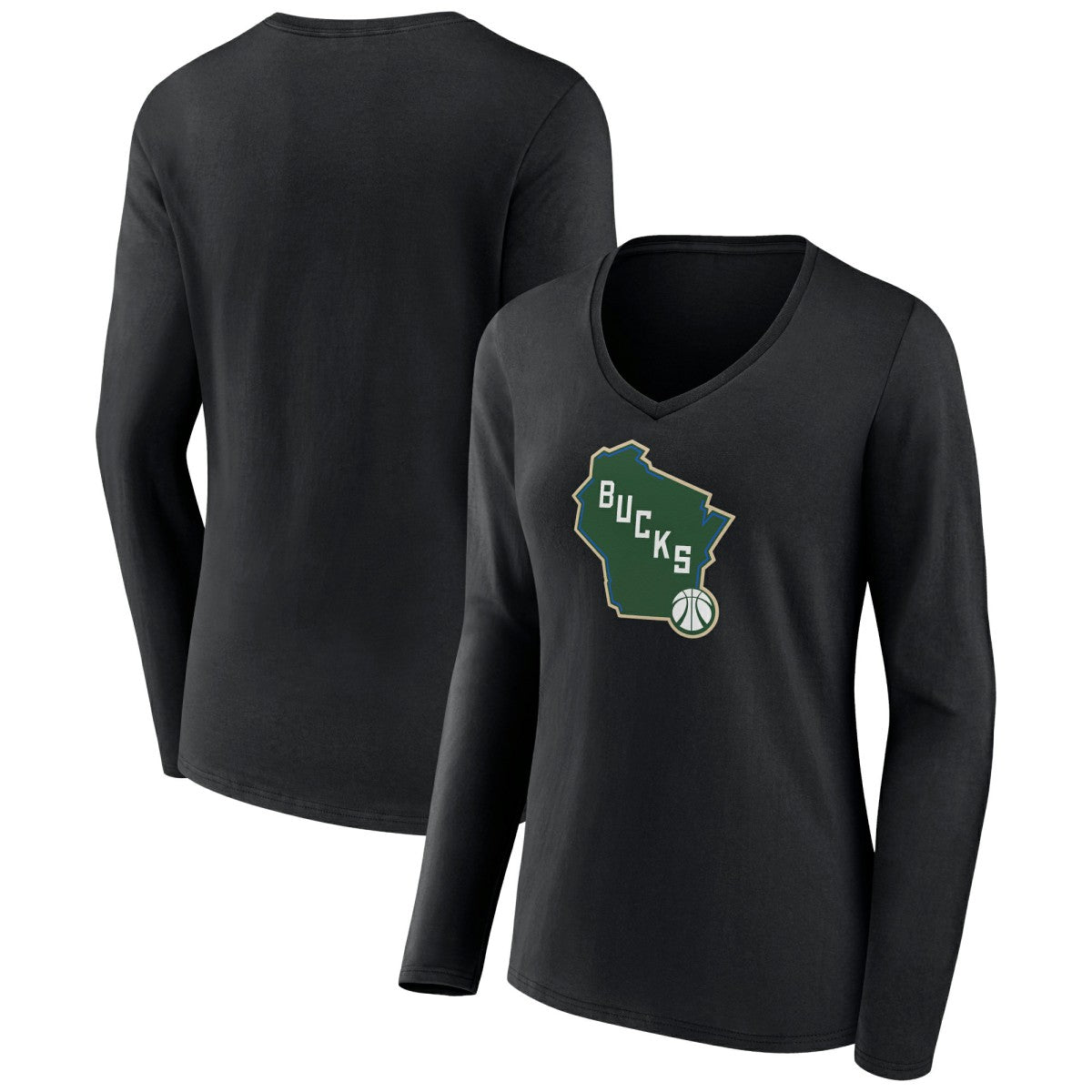 Milwaukee Bucks Women's Alternate Logo V-Neck Long Sleeve T-Shirt Black - NBA