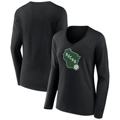 Milwaukee Bucks Women's Alternate Logo V-Neck Long Sleeve T-Shirt Black - NBA