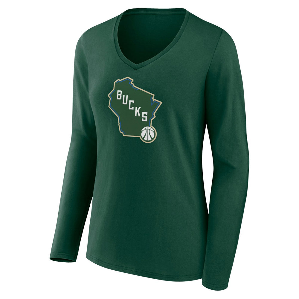 Milwaukee Bucks Women's Alternate Logo V-Neck Long Sleeve T-Shirt Green - NBA