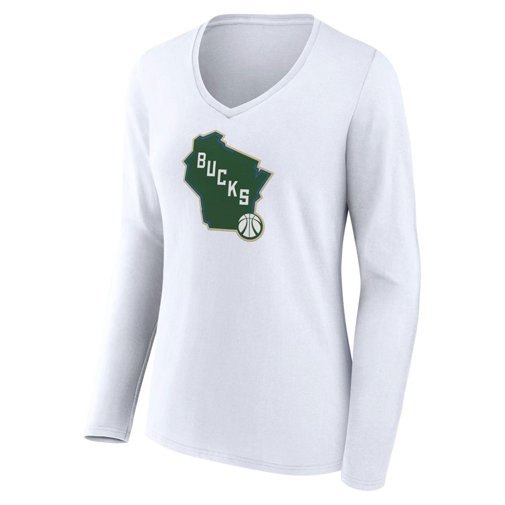 Milwaukee Bucks Women's Alternate Logo V-Neck Long Sleeve T-Shirt White - NBA