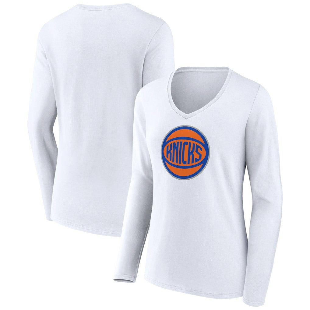 New York Knicks Women's Alternate Logo V-Neck Long Sleeve T-Shirt White - NBA