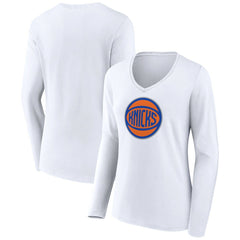 New York Knicks Women's Alternate Logo V-Neck Long Sleeve T-Shirt White - NBA