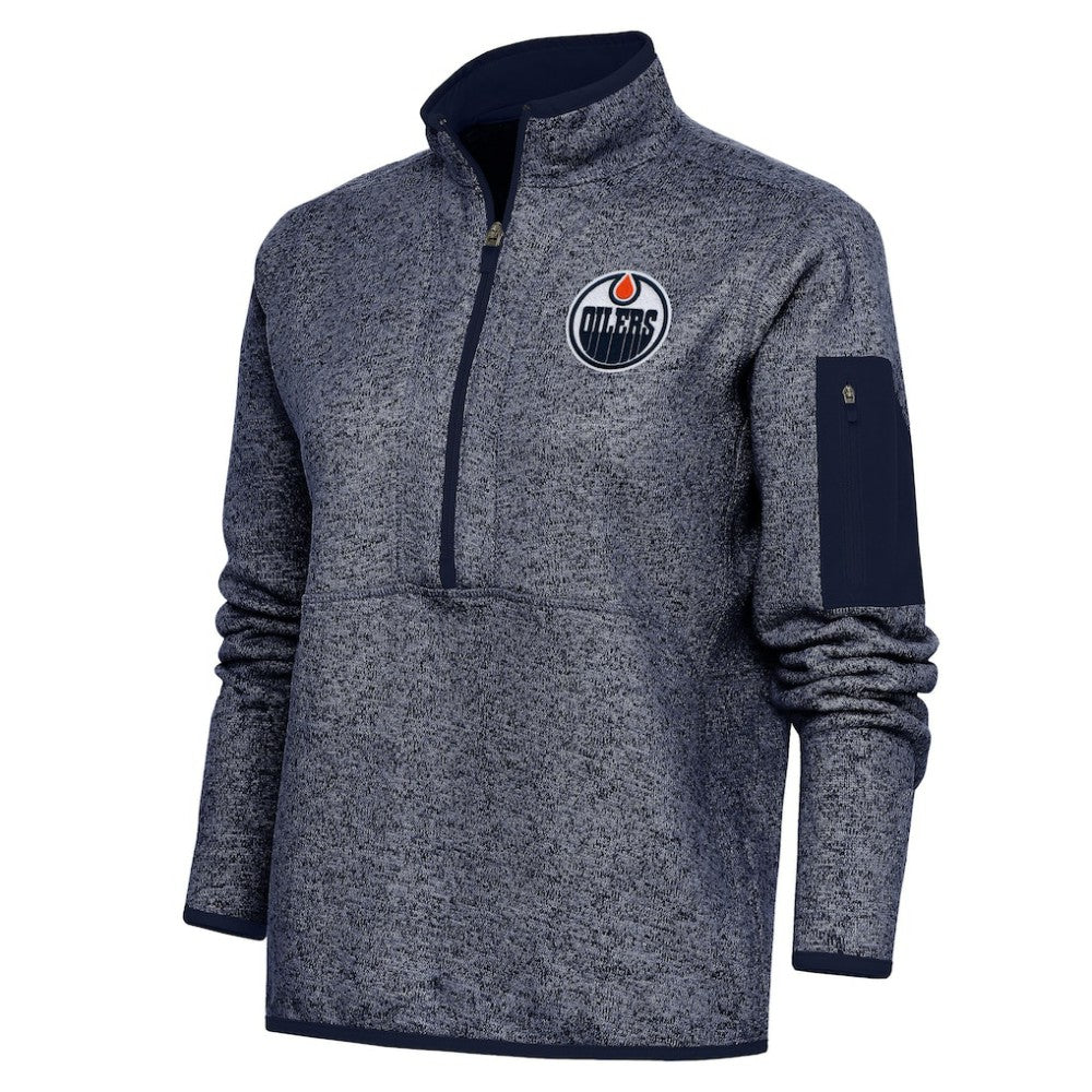 Edmonton Oilers Antigua Women's Team Logo Fortune Quarter-Zip Jacket - Heather Navy - NHL
