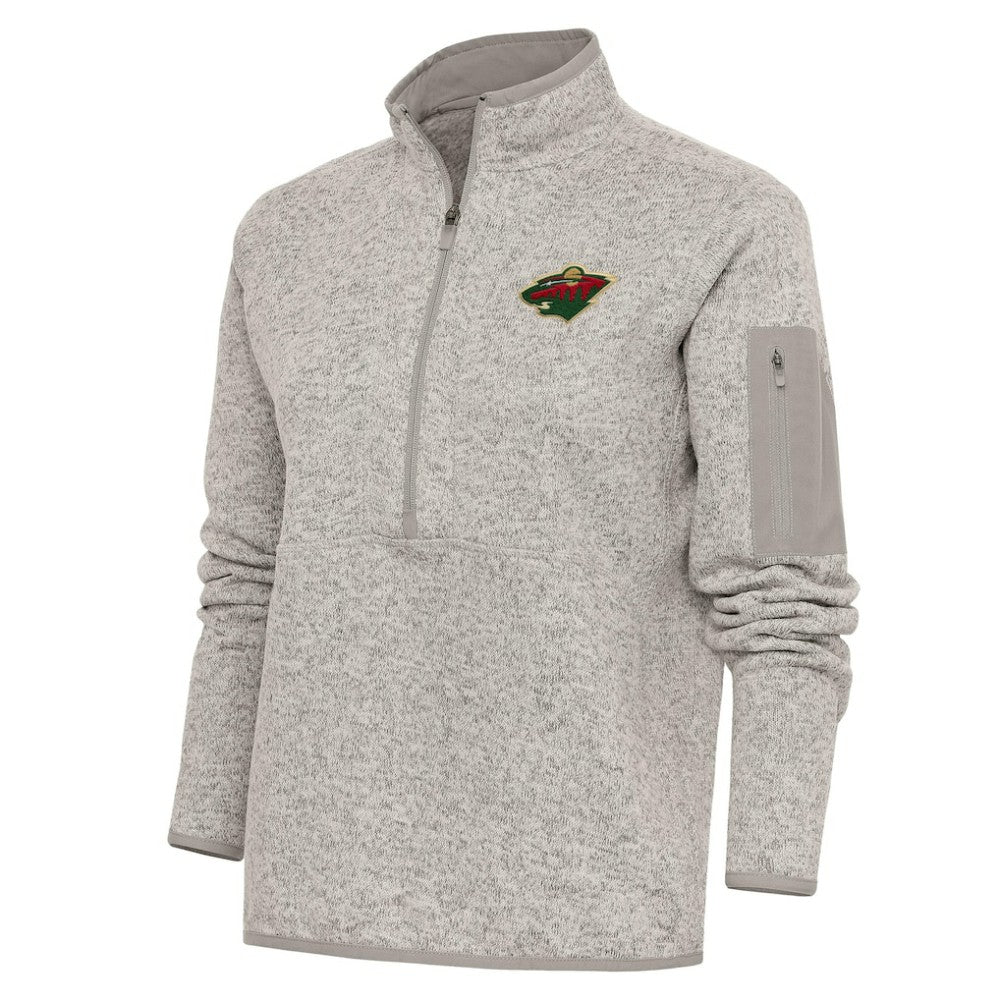 Minnesota Wild Antigua Women's Team Logo Fortune Quarter-Zip Jacket - Oatmeal - NHL