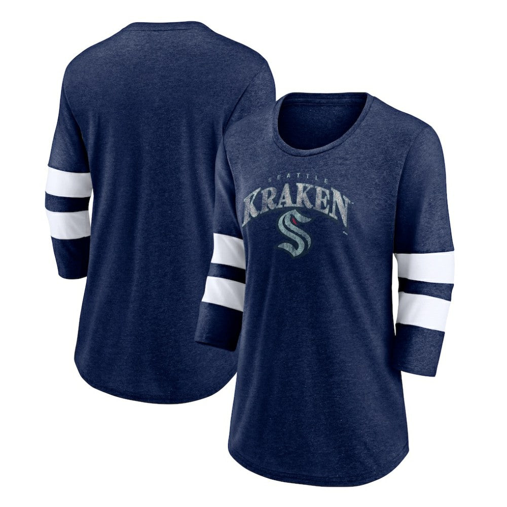Seattle Kraken Fanatics Women's Special Edition 2.0 Barn Burner 3/4 Sleeve T-Shirt - Heather Deep Sea Blue - NHL