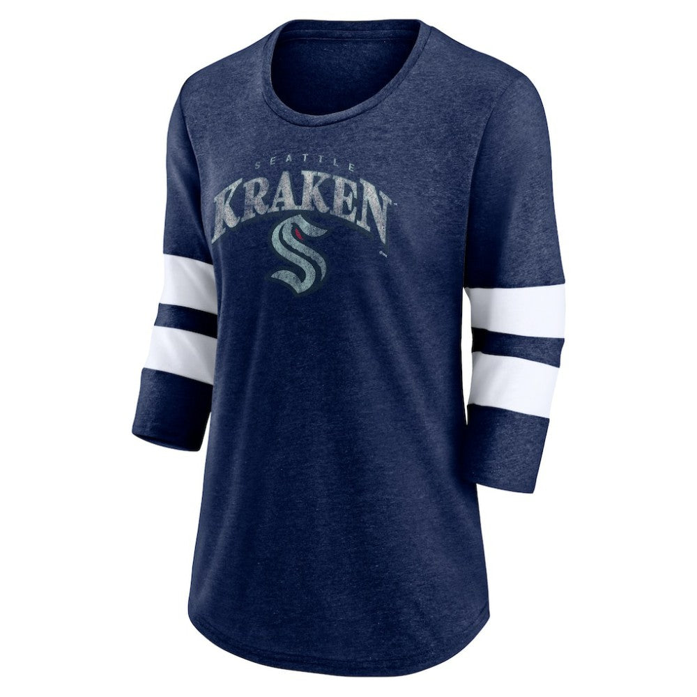 Seattle Kraken Fanatics Women's Special Edition 2.0 Barn Burner 3/4 Sleeve T-Shirt - Heather Deep Sea Blue - NHL