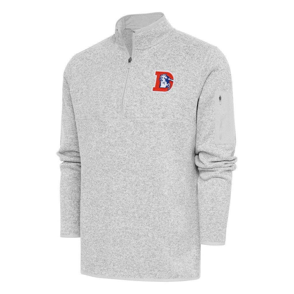 Denver Broncos Antigua Throwback Fortune Quarter-Zip Pullover Jacket Heather Gray | NFL