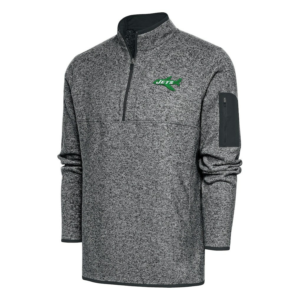 New York Jets Antigua Throwback Fortune Quarter-Zip Pullover Jacket Heather Charcoal | NFL