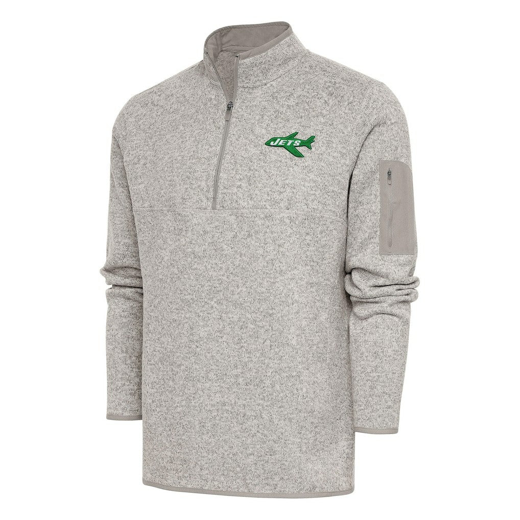 New York Jets Antigua Throwback Fortune Quarter-Zip Pullover Jacket Oatmeal | NFL