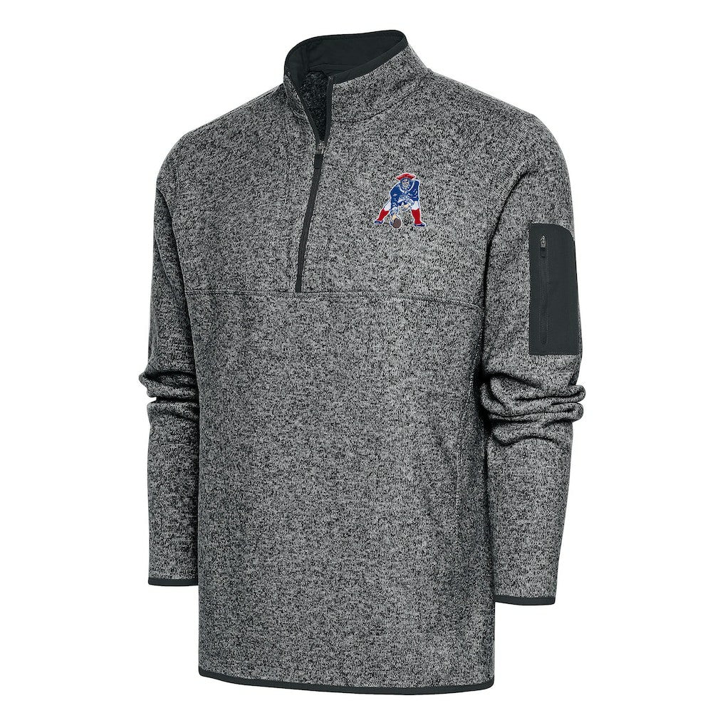 New England Patriots Antigua Throwback Fortune Quarter-Zip Pullover Jacket Heather Charcoal | NFL