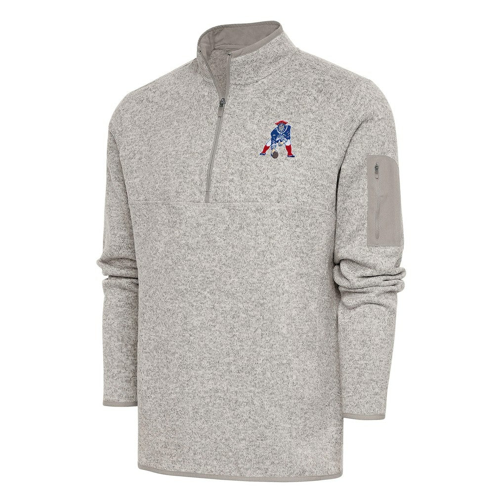 New England Patriots Antigua Throwback Fortune Quarter-Zip Pullover Jacket Oatmeal | NFL