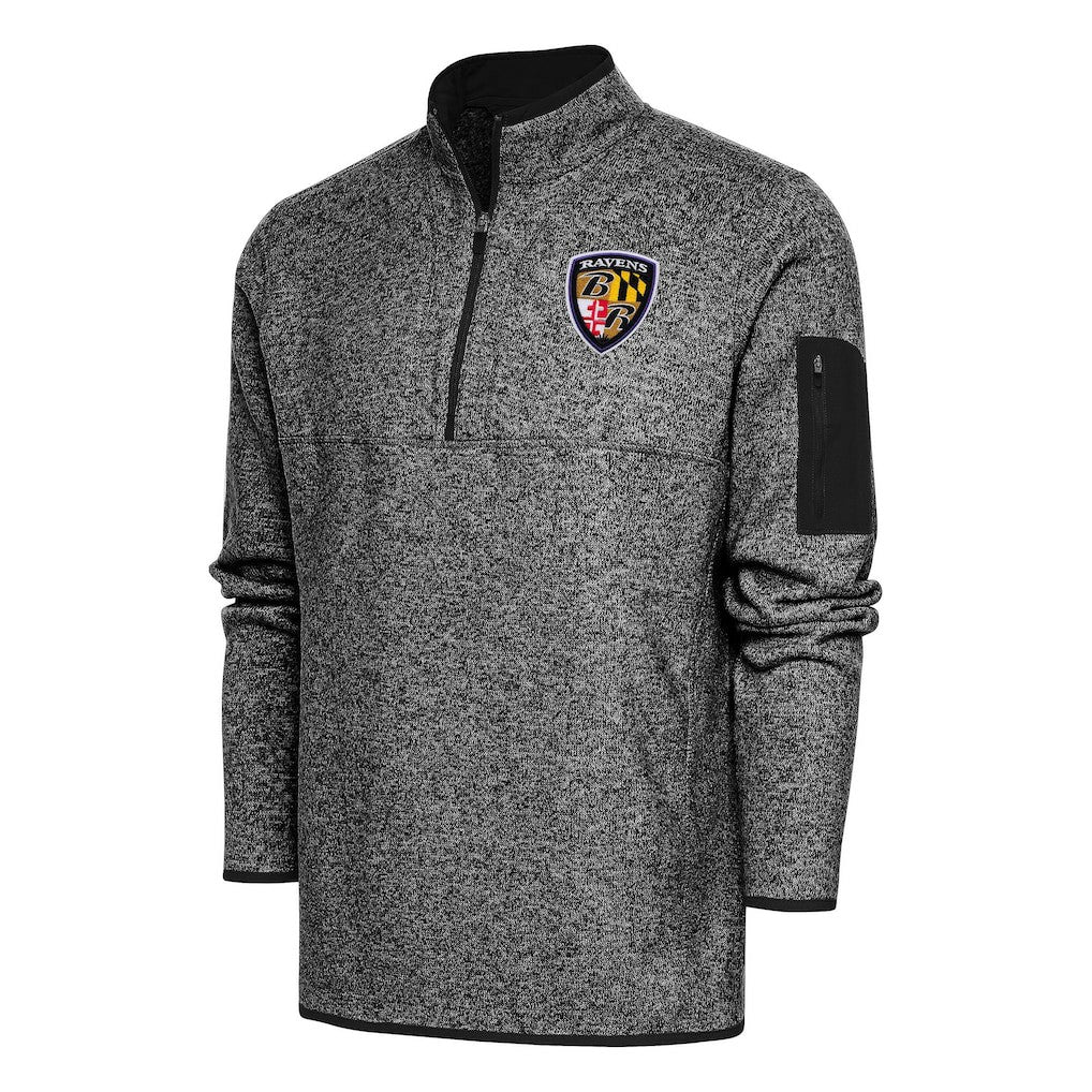 Baltimore Ravens Antigua Throwback Fortune Quarter-Zip Pullover Jacket Heather Black | NFL