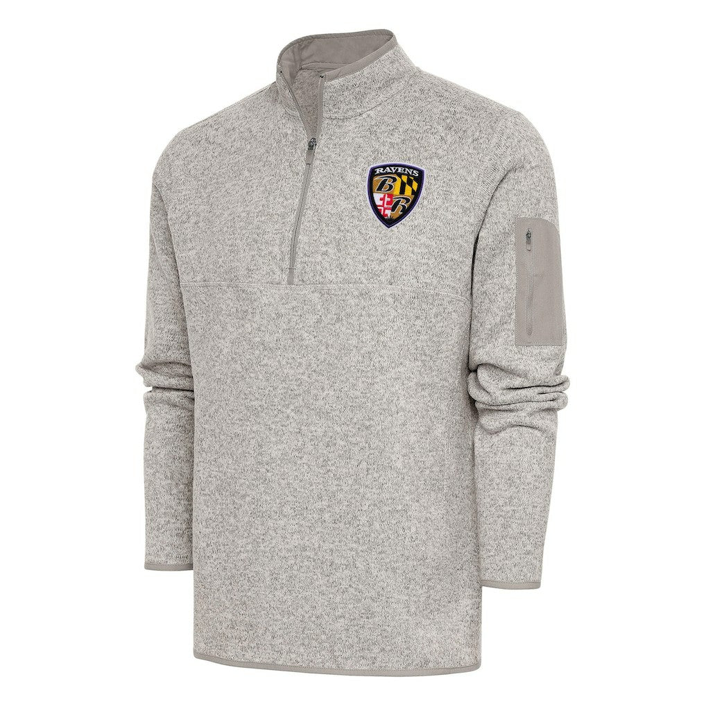 Baltimore Ravens Antigua Throwback Fortune Quarter-Zip Pullover Jacket Oatmeal | NFL