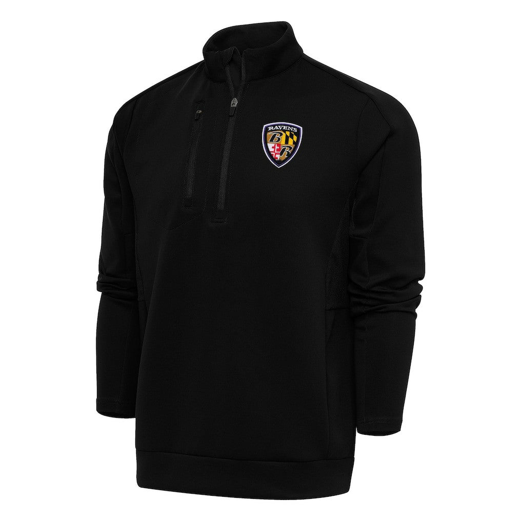 Baltimore Ravens Antigua Team Logo Throwback Generation Quarter-Zip Pullover Top Black | NFL