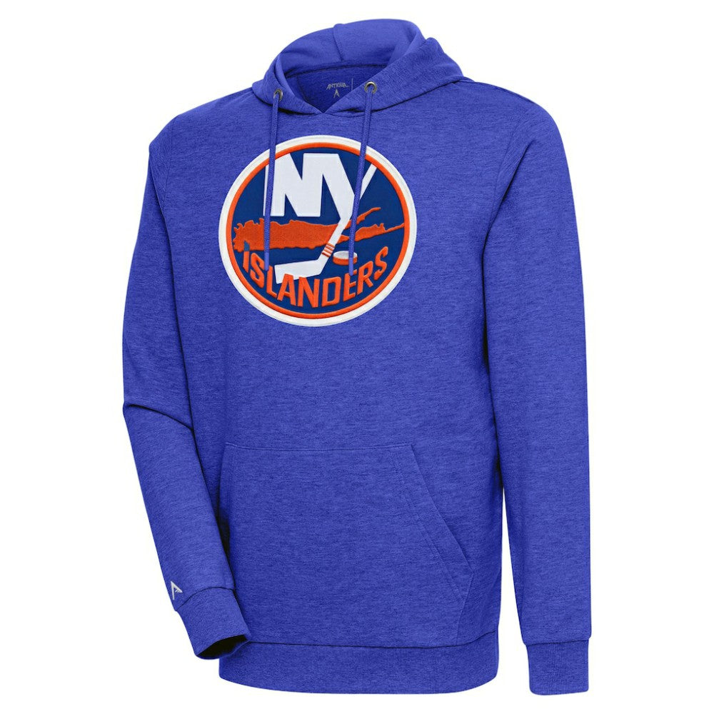 New York Islanders Antigua Logo Action Chenille Pullover Hoodie - Heather Royal - NHL